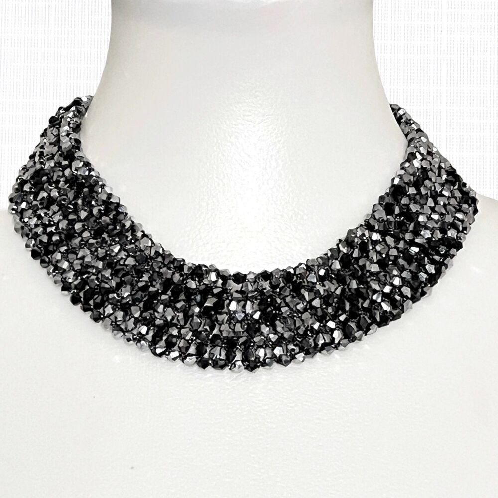 Rush by Denis & Charles Collar Necklace Black Silver Tone Crystal Bead Woven NEW